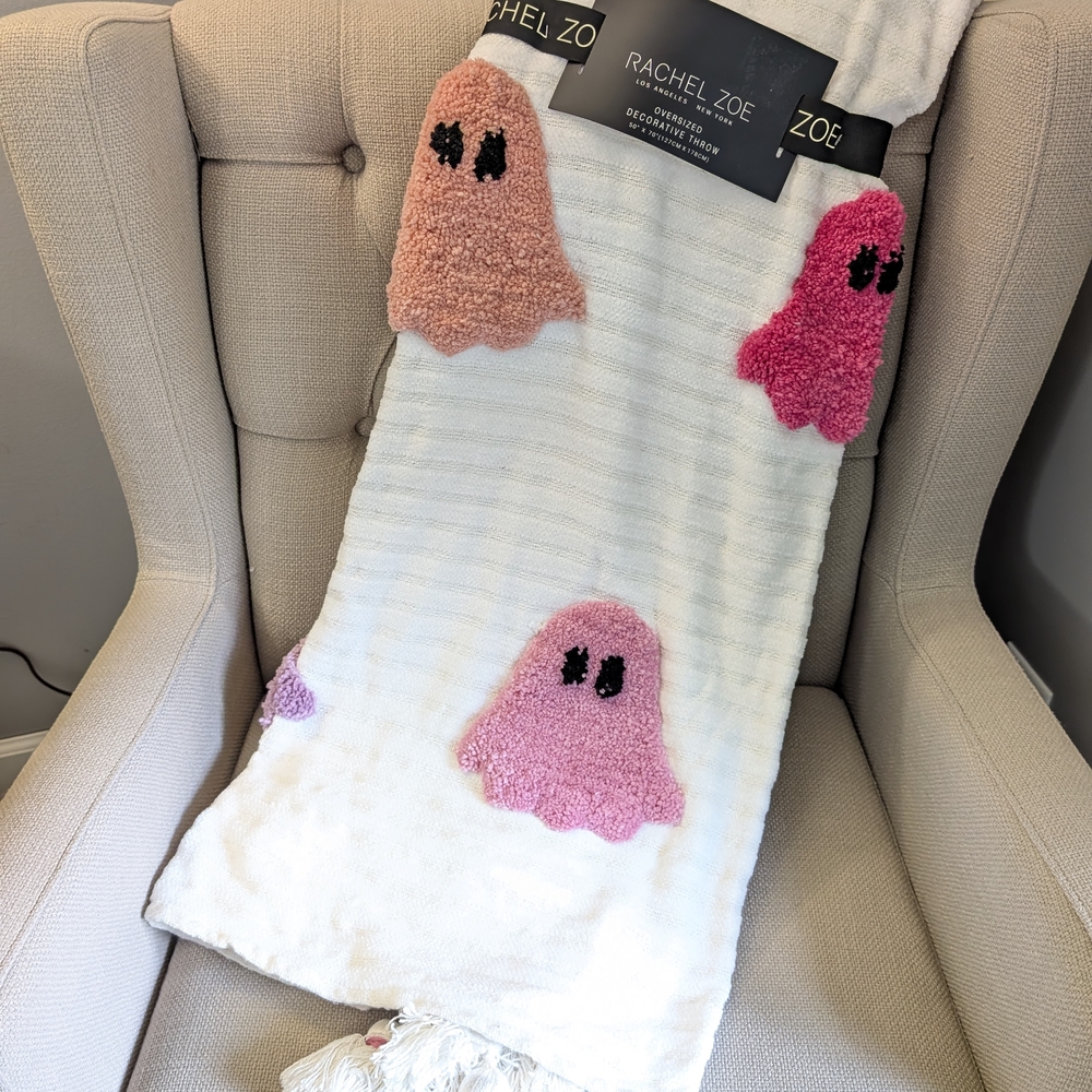 Rachel Zoe White Throw Blanket with Pink Ghosts